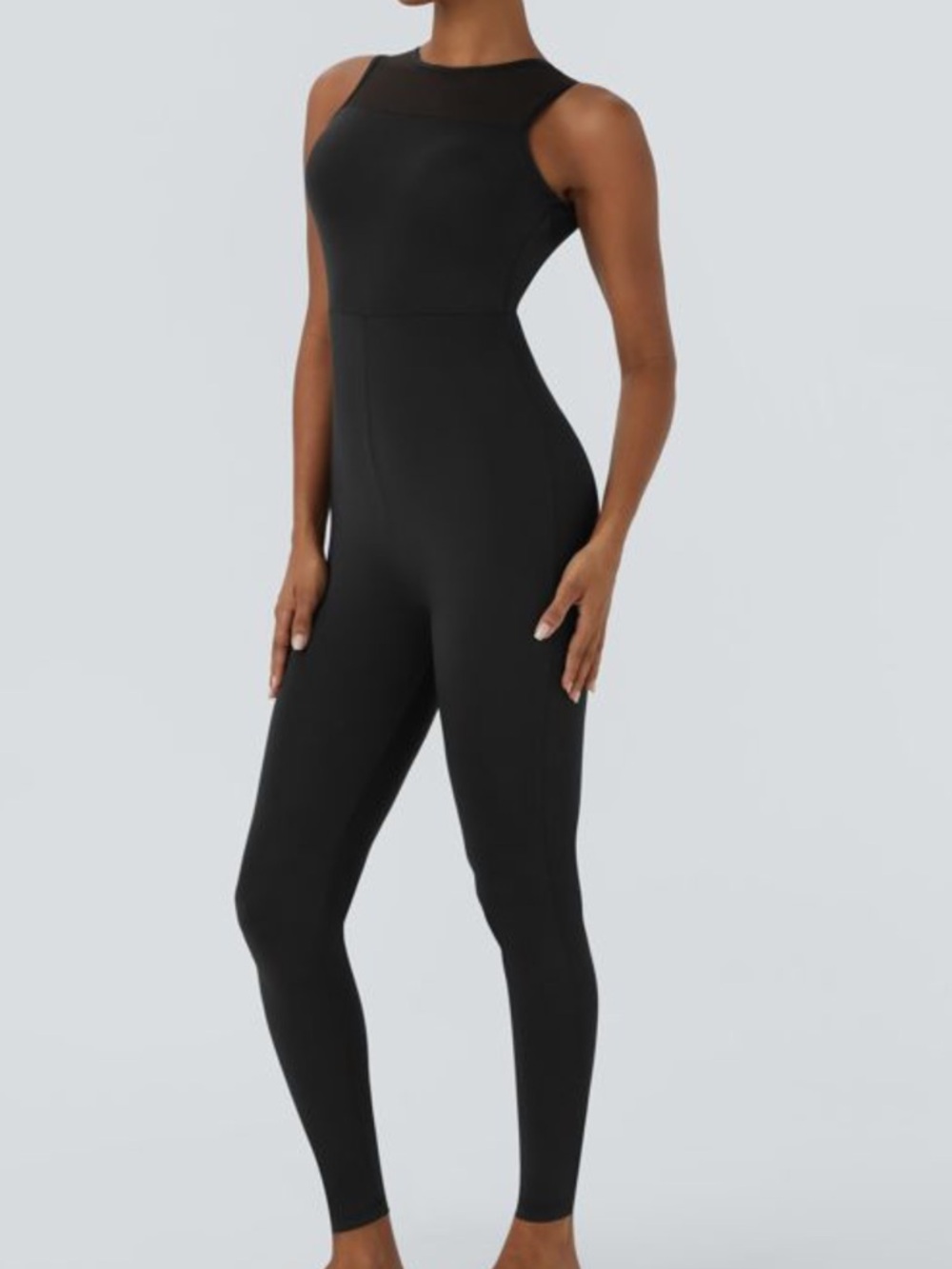 Halara Women L Black Round Neck Sleeveless Contrast Mesh Dance Jumpsuit NWT